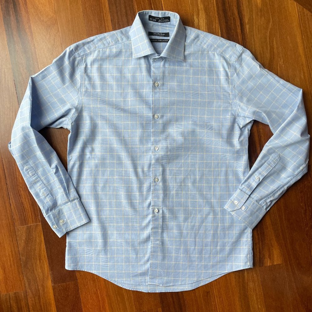 Saks Fifth Avenue 15.5 / 34-35 Blue / White / Yellow Windowpane Dress Shirt